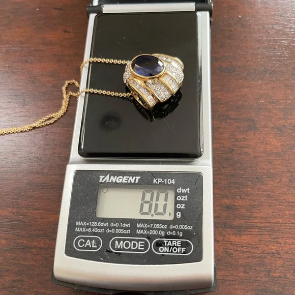 Kashmir sapphire cz gold plated solid sterling silver pendant & gold tone chain - Picture 3 of 7